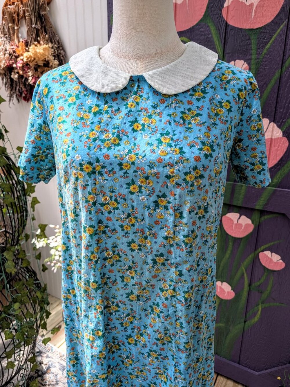 Vintage 1940's - 1950's Robin Blue Floral Midi Dress with Peter Pan Collar